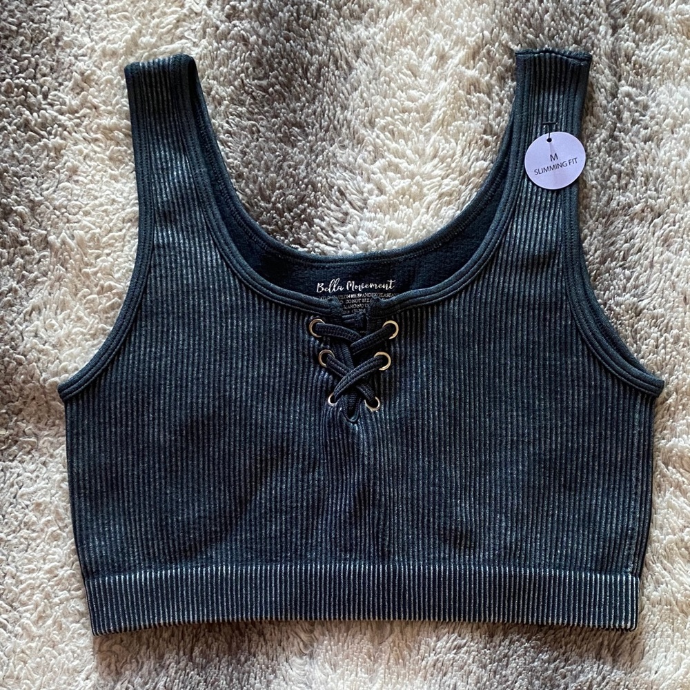 4/$30 Bella Mermaid Black Ribbed Lace-Up Crop Tank